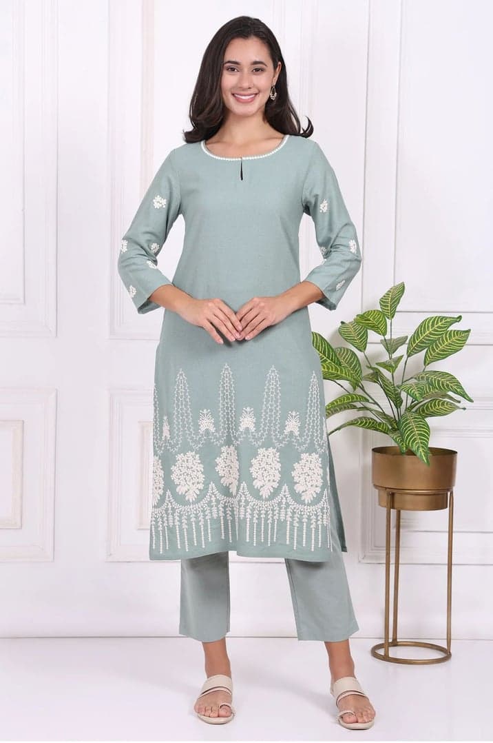 Light Green Embroidered Rayon Straight Kurta and Straight Pants Co-ord Set