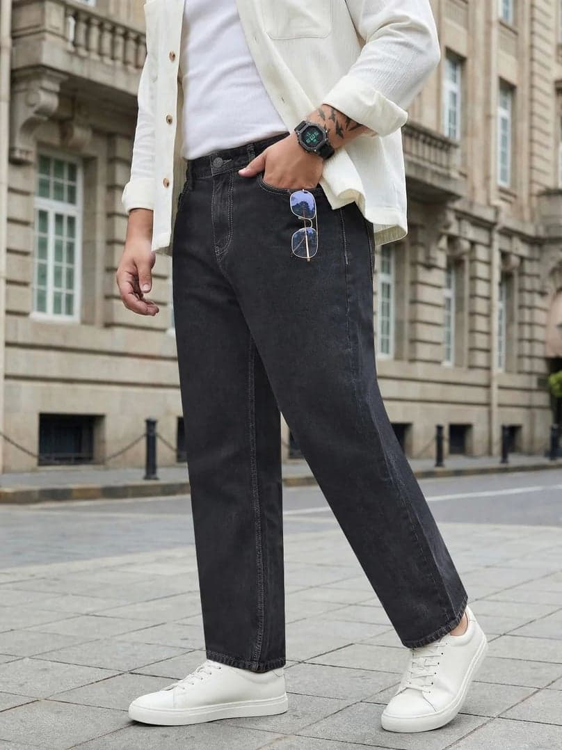 Plus Men's Dark Grey Relaxed Fit Washed Denim Jeans Non-Stretchable