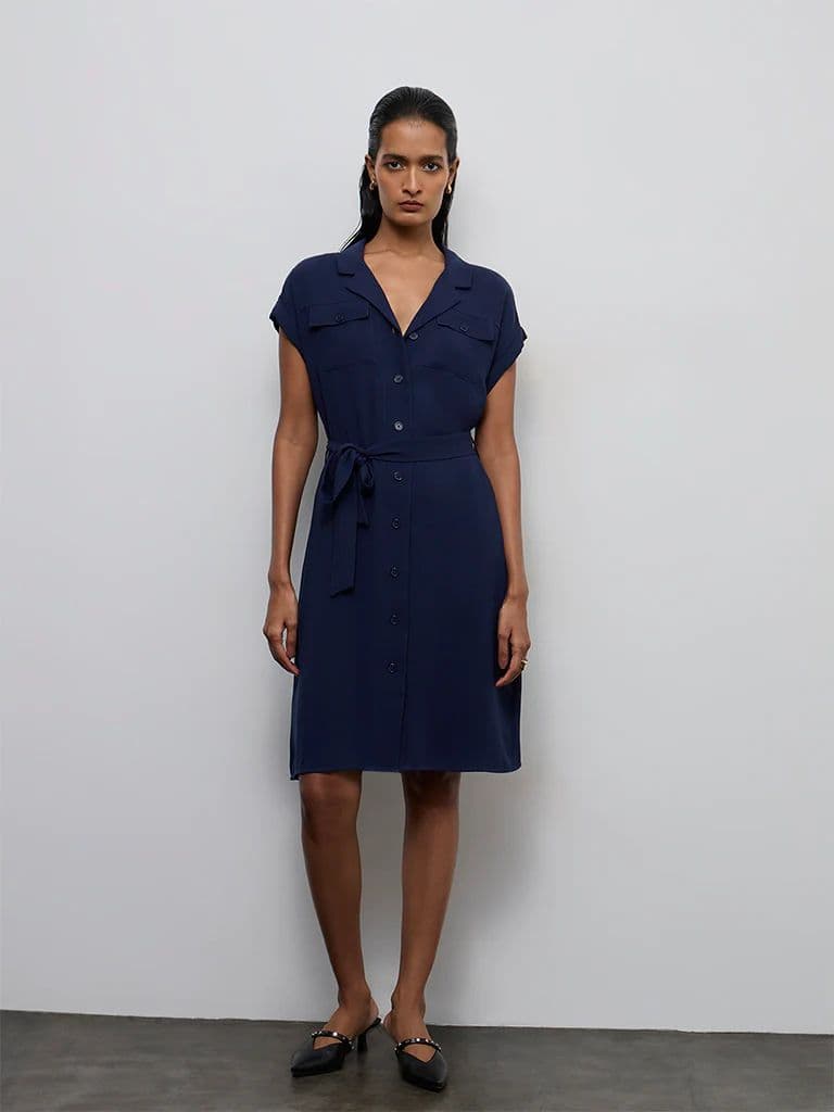 Wardrobe Navy Solid Shirt Dress with Belt