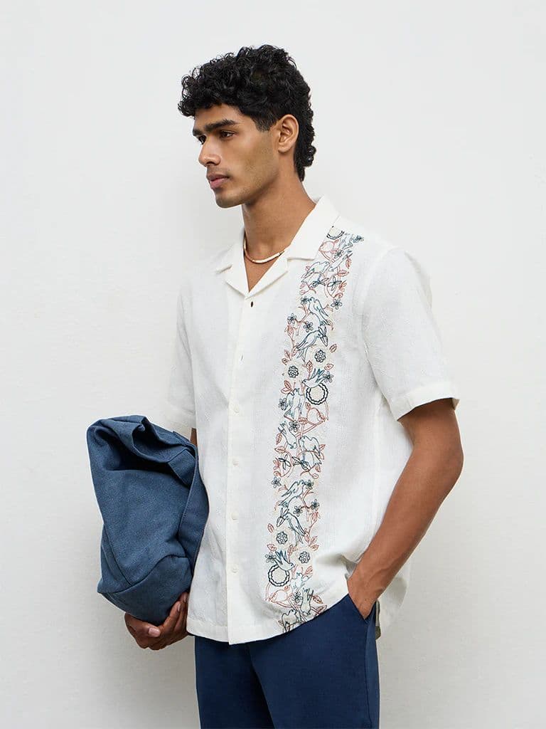 ETA White Floral-Embroidered Relaxed-Fit Cotton Shirt