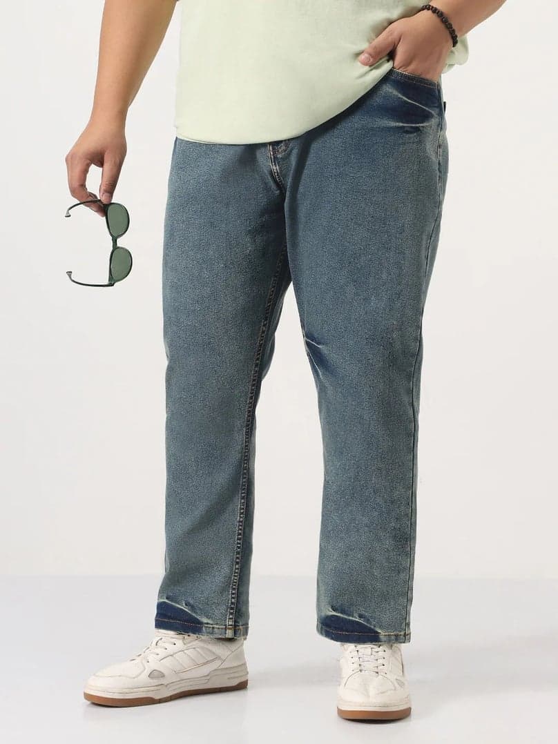 Plus Men's Light Blue Straight Fit Heavy Washed Jeans Stretchable