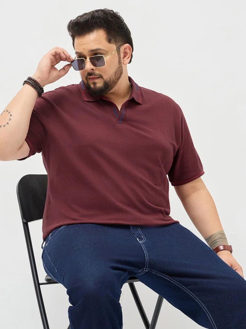 Plus Men's Maroon Solid Regular Fit Half Sleeve Cotton Polo T-Shirt