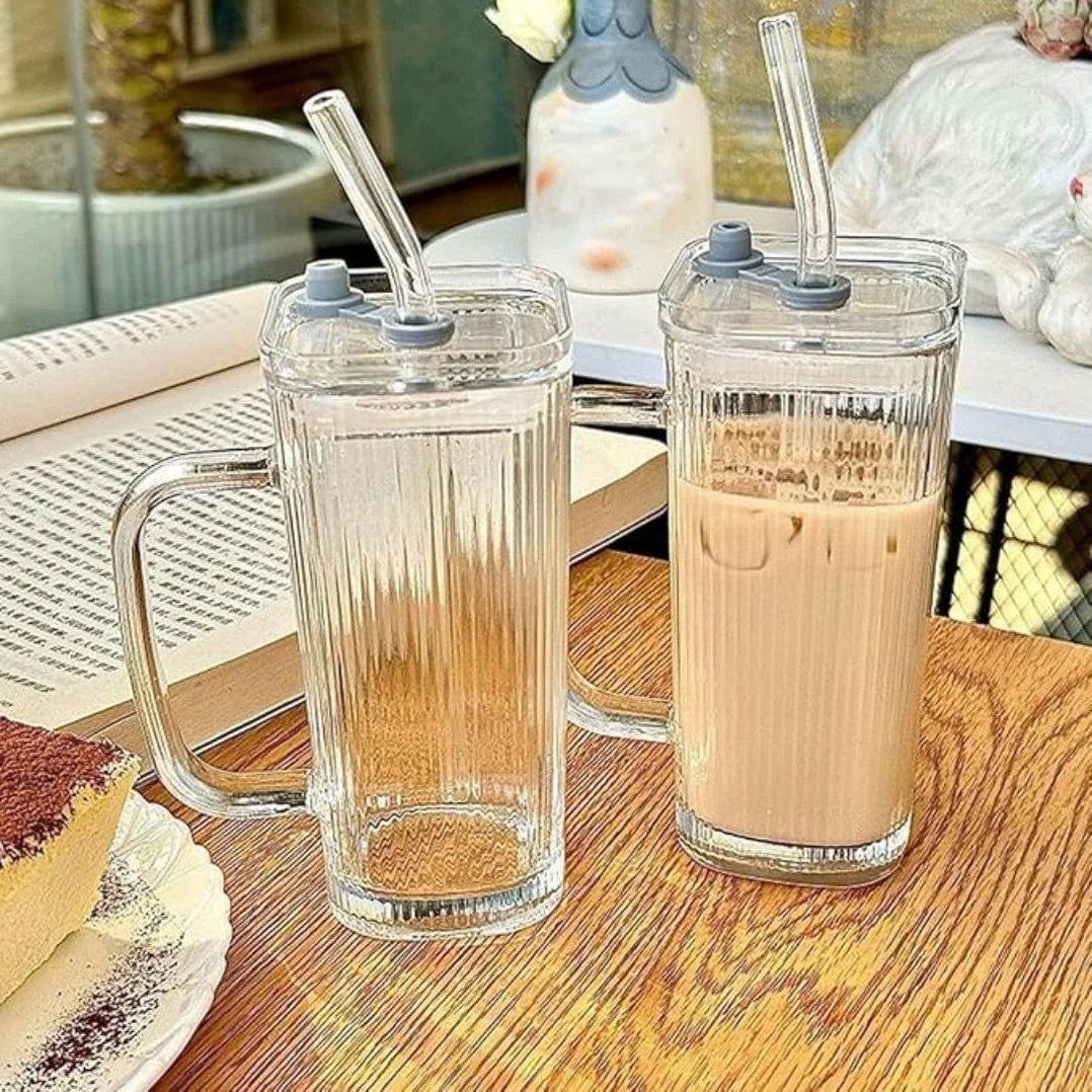 Square Glass Tumbler with Lid and Straw | Heat & Cold Resistant Drinkware