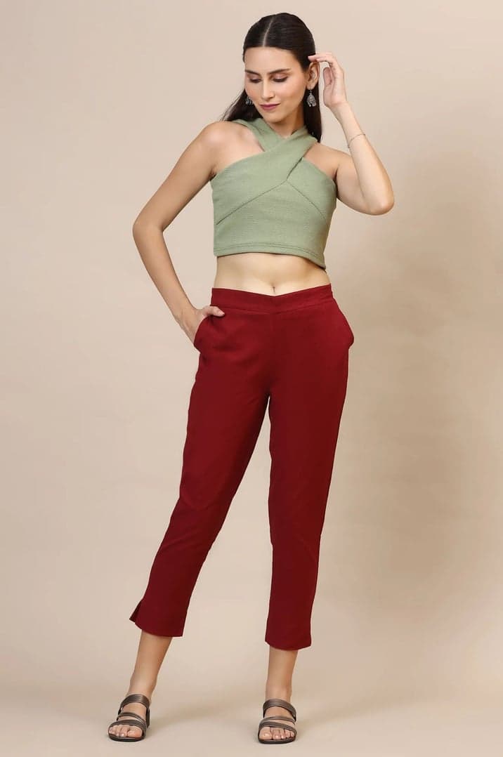 Elleven Women's Maroon Solid Straight Fit Cotton Trousers With Elasticated Waist