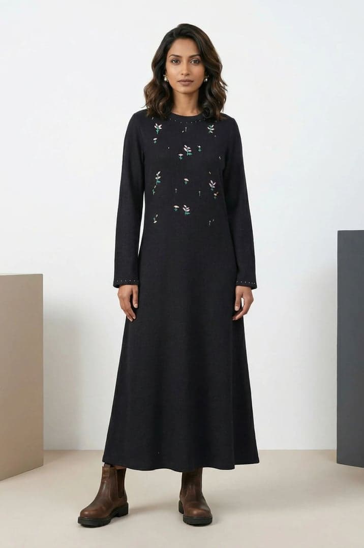 Black Yarn Dyed Embroidered Rayon Blend A-line Winter Dress
