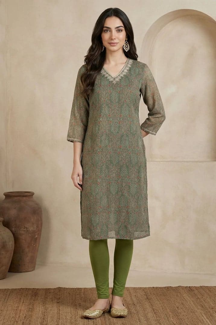 Green Botanical Printed Chiffon Straight Kurta with Sequin