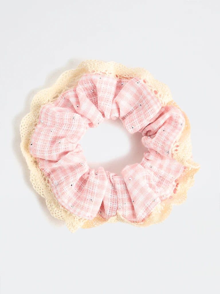 Westside Accessories Pink Checkered Lace-Trim Scrunchie