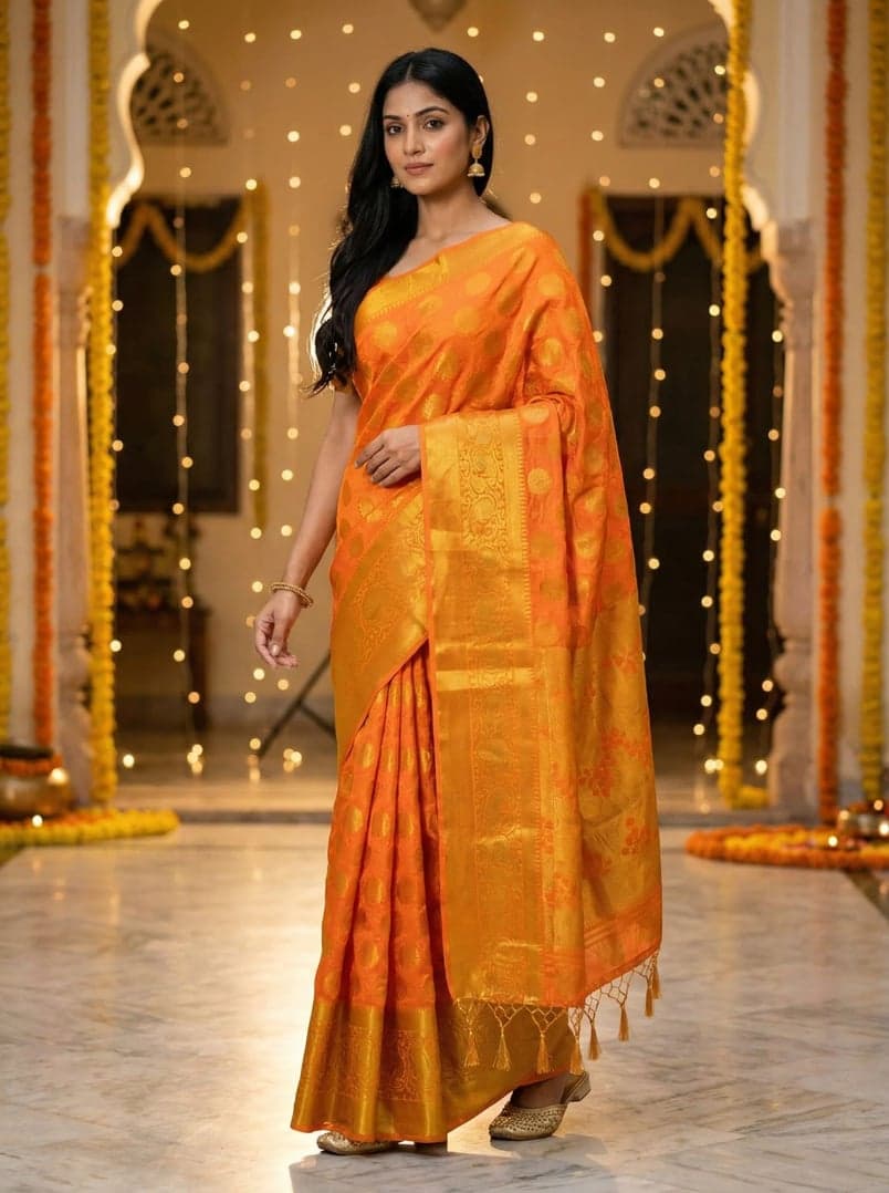 MIMOSA Women's Woven Design Kanjivaram Style Art Silk Saree with Blouse Piece - Gold ( SA00003146GDFREE )