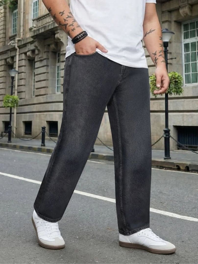 Plus Men's Grey Relaxed Fit Washed Denim Jeans Non-Stretchable