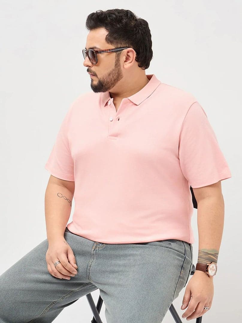 Plus Men's Dusty Pink Solid Regular Fit Half Sleeve Cotton Polo T-Shirt