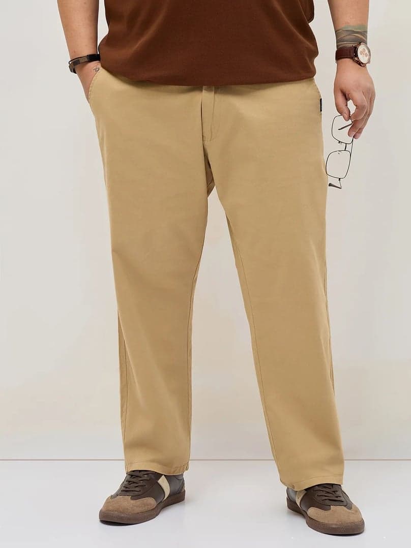 Plus Men's Beige Straight Fit Mid Rise Cotton Casual Chinos Trousers Stretch