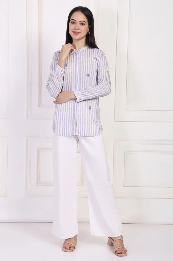 White Striped Printed Thread Embroidered Straight Top