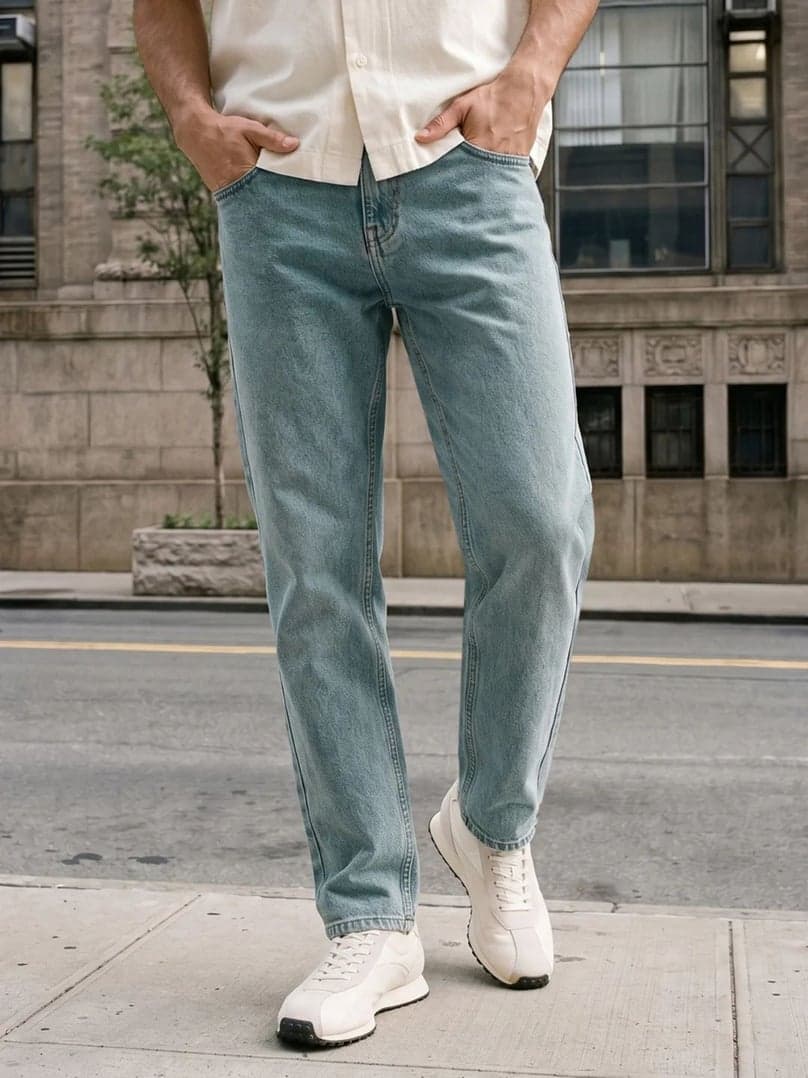 Men's Ice Blue Relaxed Fit Washed Denim Jeans Non-Stretchable