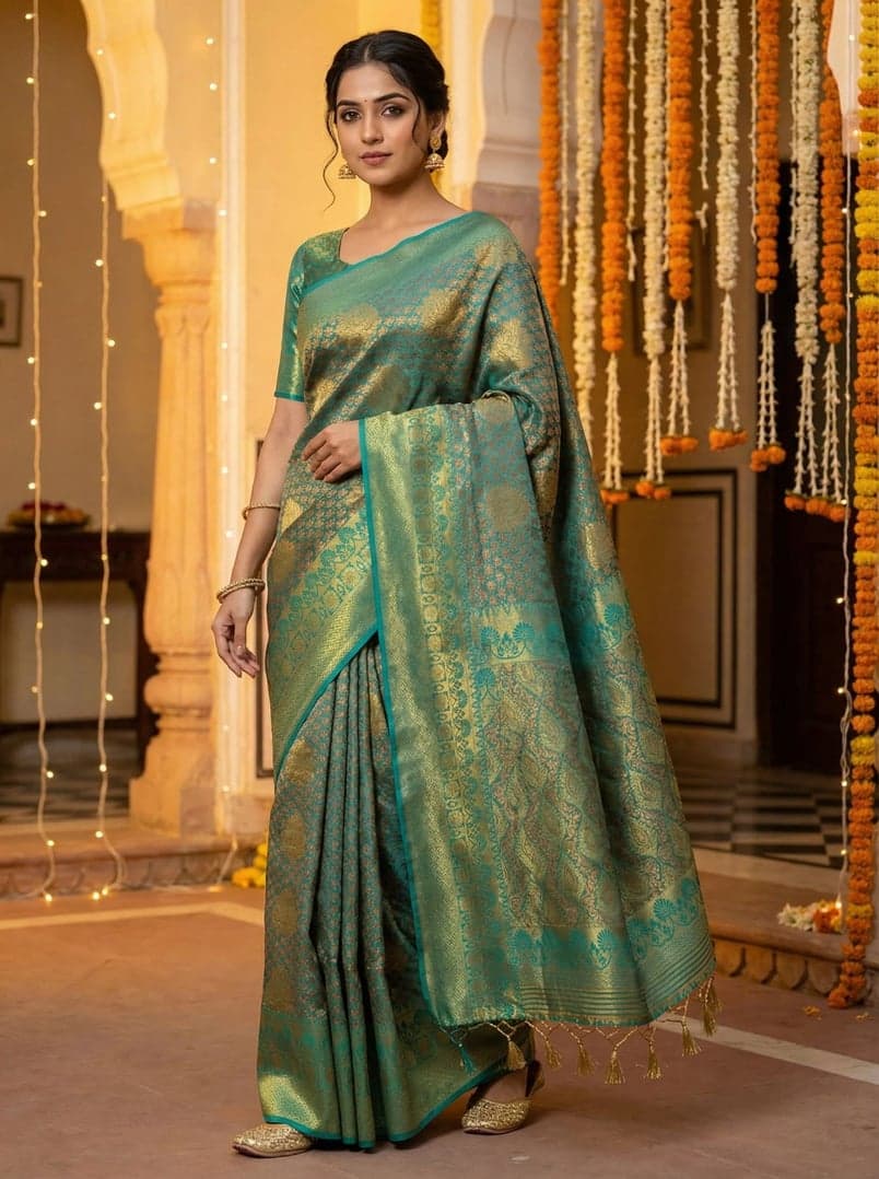 MIMOSA Women's Woven Design Kanjivaram Style Art Silk Saree with Blouse Piece - Saffire ( SA00003144SFFREE )