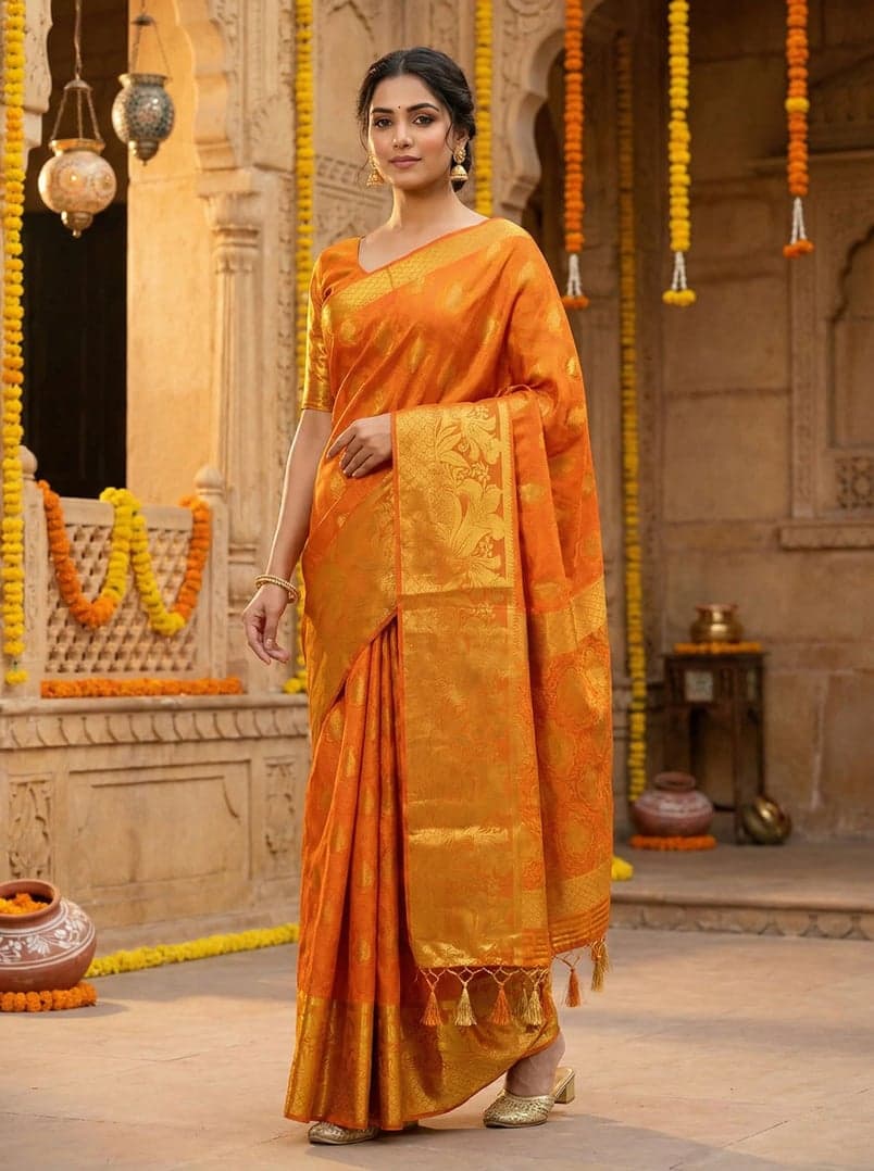 MIMOSA Women's Woven Design Kanjivaram Style Art Silk Saree with Blouse Piece - Mustard ( SA00003143MSFREE )