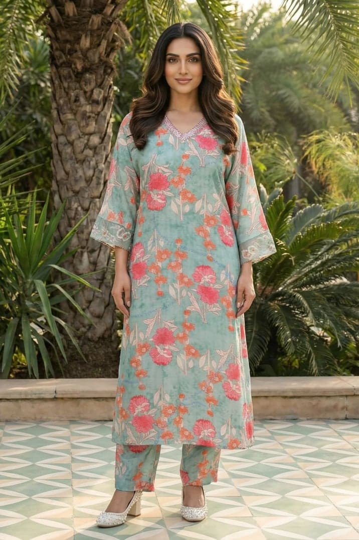 Green Floral Printed Modal Straight Kurta with Straight Pant Set