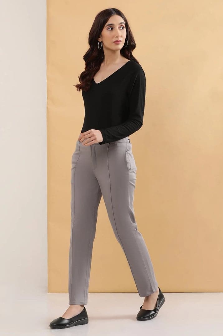Grey Solid Straight Fit Cotton Pants With Pintuck Detail
