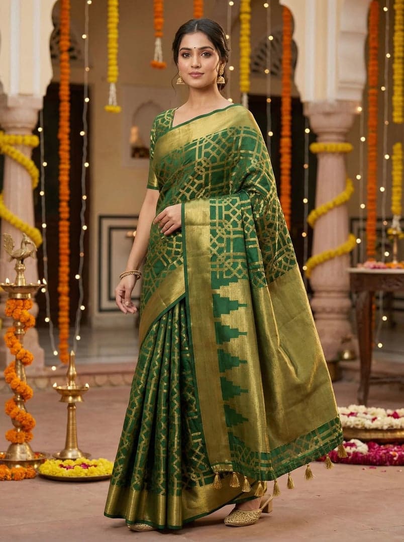 MIMOSA Women's Woven Design Banarasi Style Art Silk Saree with Blouse Piece - Green ( SA00003121GRNFREE )
