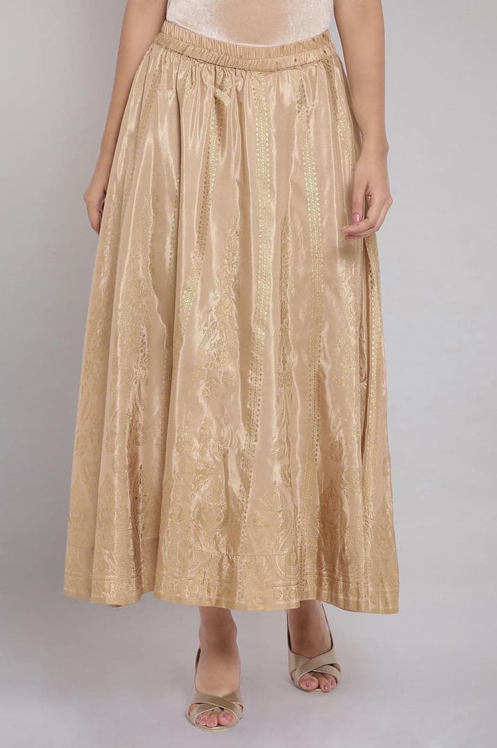 Gold Floral Printed Flared Silk Skirt With Elasticated Waist