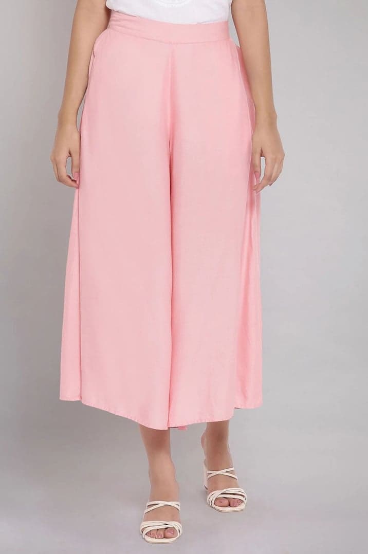 Pink Solid Flared Cotton Culottes With Elasticated Waist