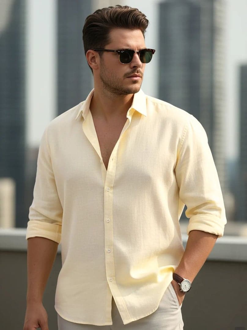 Plus Men's Tender Yellow Linen Blend Full Sleeve Relaxed Fit Casual Solid Shirt