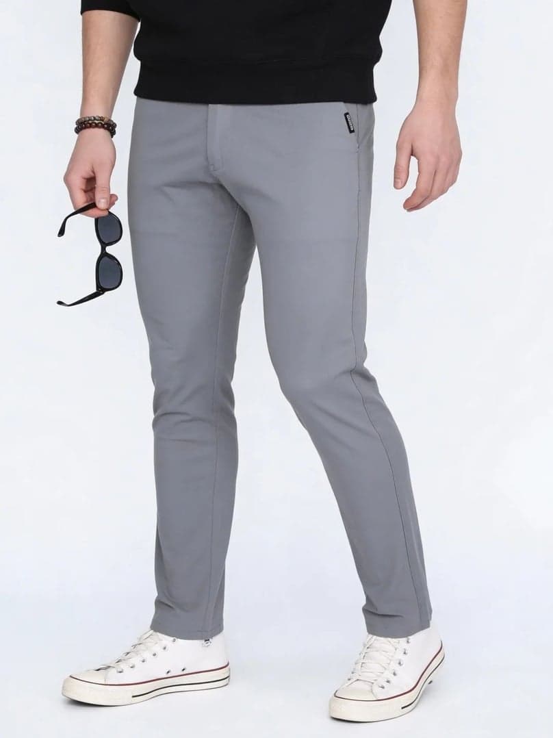 Men's Light Blue Straight Fit Mid Rise Cotton Casual Chinos Trousers Stretch