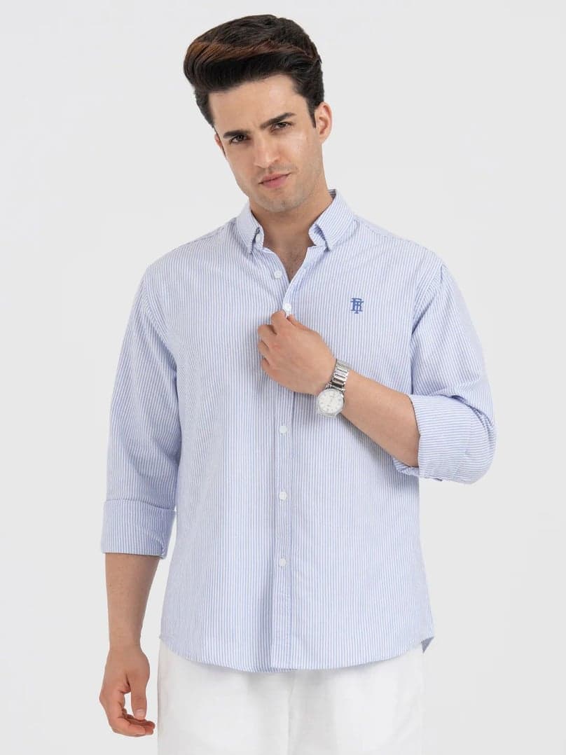 Shirts for Men in Blue | Striped Oxford Full Sleeve Casual Shirt