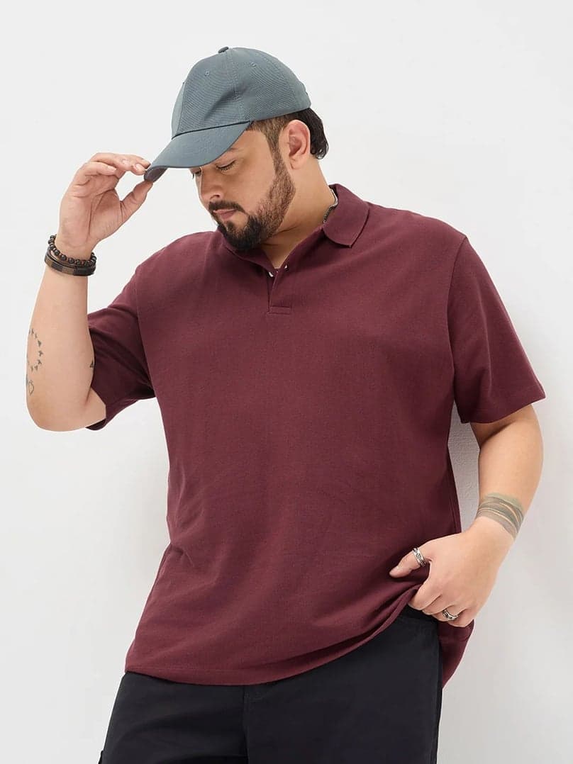 Plus Men's Maroon Solid Regular Fit Half Sleeve Cotton Polo T-Shirt