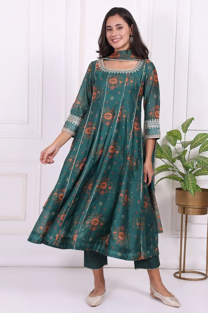 Green Floral Printed Sequined Flared Kurta, Straight Pants and Dupatta Set