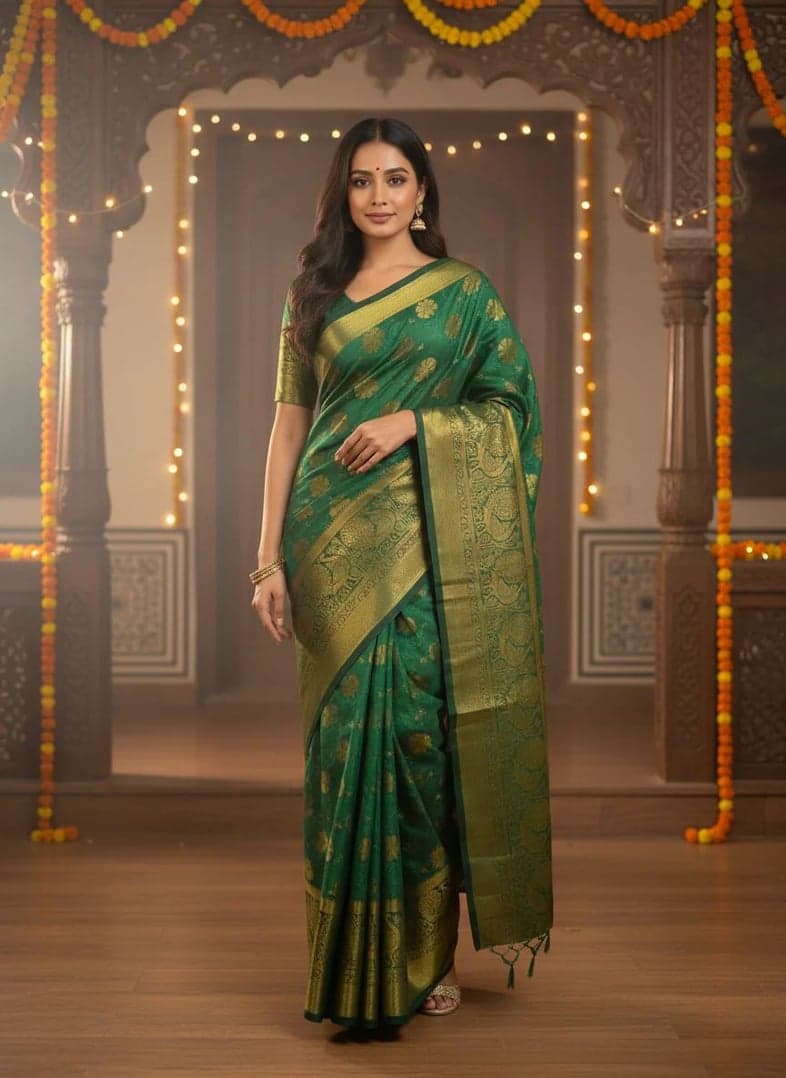 MIMOSA Women's Woven Design Kanjivaram Style Art Silk Saree with Blouse Piece - Green ( SA00003142GRNFREE )