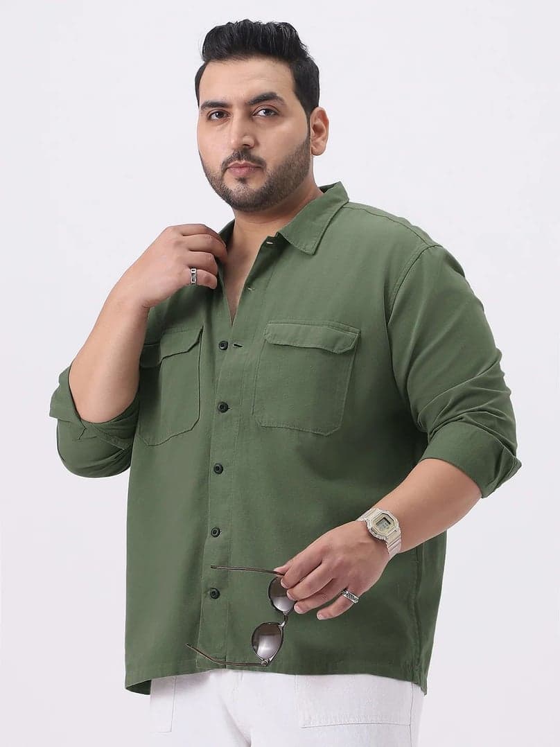 Plus Men's Green Cotton Full Sleeve Relaxed Fit Shacket with Utility Pockets