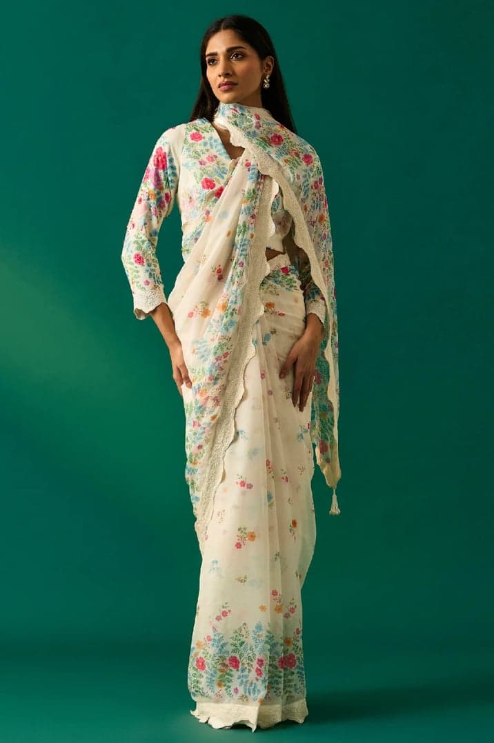 Off-White Floral Printed Embroidered Georgette Saree with Unstitched Blouse