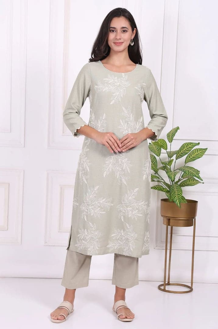 Green Floral Printed Embroidered Rayon Straight Kurta and Pants Set