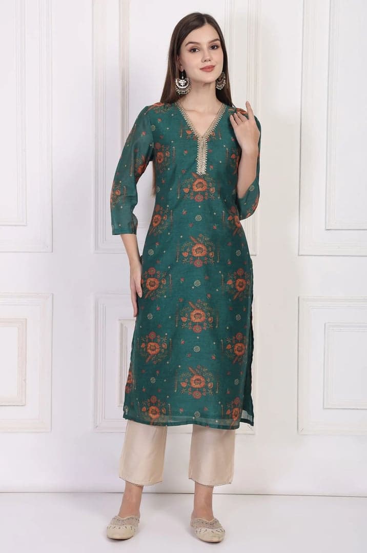 Teal Floral Printed Embellished Straight Silk Kurta