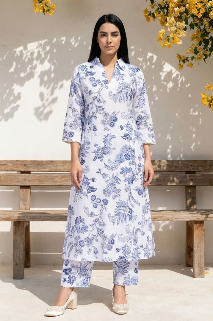 White Floral Printed Pure Cotton Straight Kurta with Straight Pant Set